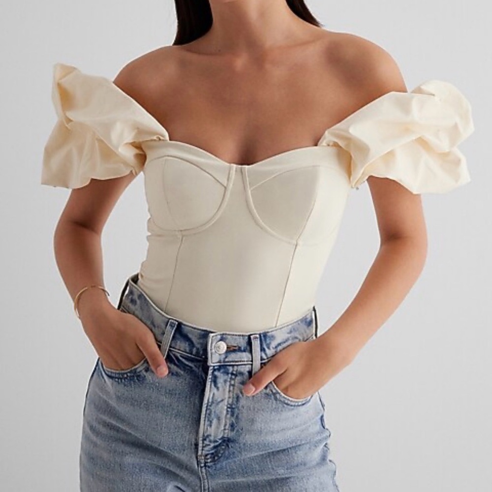 Express Body Contour Corset Cream Bodysuit with Taffeta Puff Sleeve